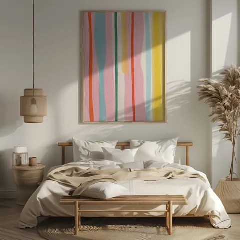 «Ritmo de colores suaves» colgado en una recámara luminosa