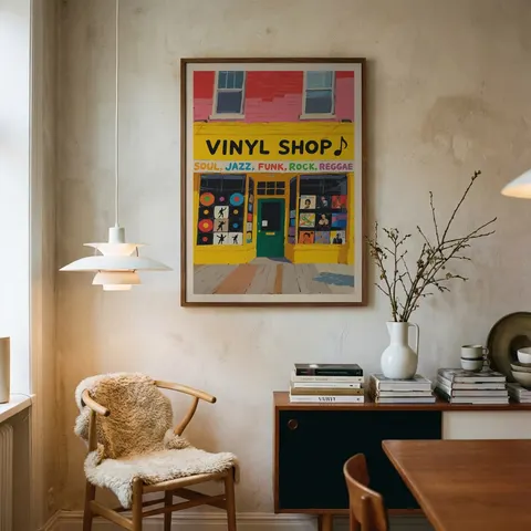 «Tienda de vinil urbana» colgado junto a un escritorio